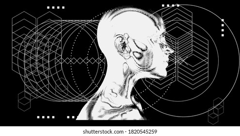 Abstract technology poster with human silhouette. Conceptual illustration of Artificial intelligence, Cryptography and Cyber Security.