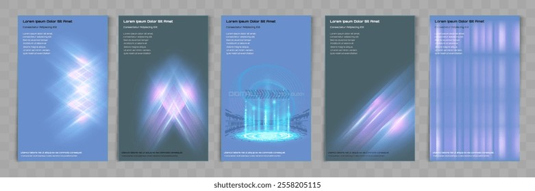Abstract technology poster set with futuristic glowing patterns, geometric shapes, and digital effects. Modern design templates suitable for technology, innovation, or futuristic concepts.