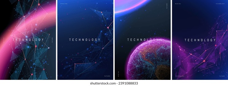 Abstract technology posters. Science future innovation concept. Space shapes and planets in blue-purple. Futuristic abstract backgrounds for book cover design. Digital low-poly fiction flyer template.