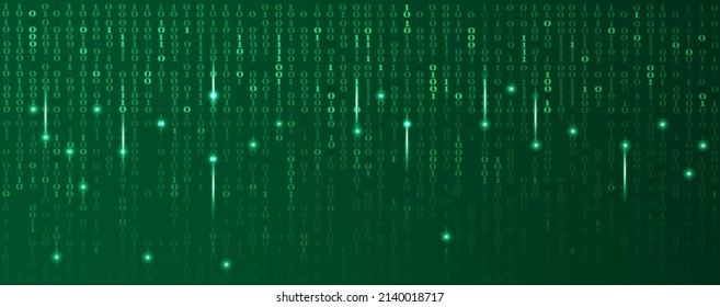 Resumen de la tecnología programación de código binario de fondo verde vectorial.Datos digitales y concepto seguro con número 0 y 1 y luz brillante.