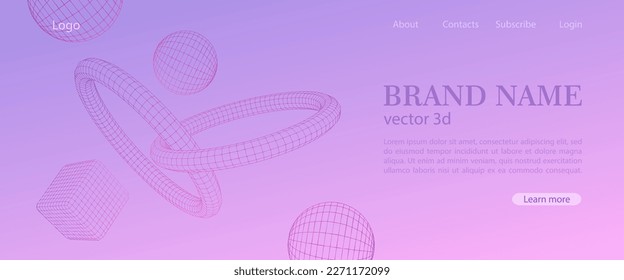 Resumen de tecnología y fondo científico con alambres voladores vectores de formas geométricas 3d. Banner moderno minimalista rosa y morado con diferentes figuras.
