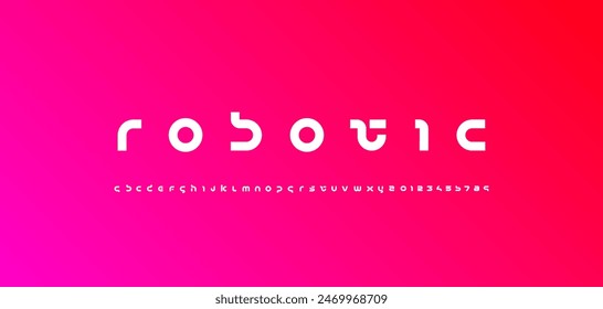 Abstract technology science bold font, digital cyber space alphabet made futuristic style, thick lowercase letters A-Z and Arab numerals 0-9 space style