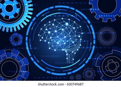 abstract technology science concept brain digital link and gear on hi tech blue background