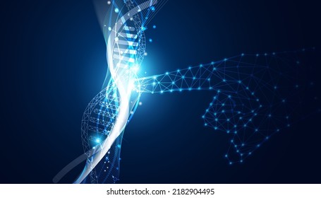 tecnología abstracta ciencia concepto dedo apuntando genes de ADN edición genética combinada con tecnología moderna binaria futurista en fondo azul de alta tecnología