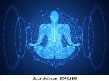 abstract technology science concept human body line blue health digital : medicine,meditation,Healing,Chakra,Zen vitality innovation energy circulates in the body on hi tech future design background 