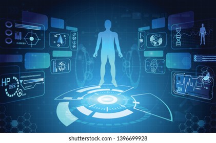 abstract technology science concept human data health digital : hud interface elements of medicine analysis fingerprint,brain,DNA and percent vitality innovation on hi tech future design background 