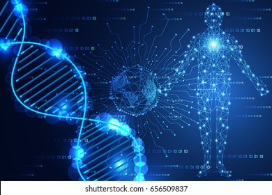 abstract technology science concept modern world blue light and DNA human digital on hi tech binary background