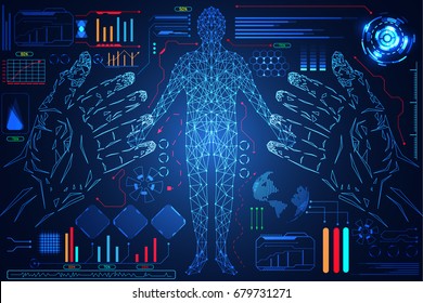 abstract technology science hud interface : hands digital blue hi tech, human body digital, tube futuristic energy, world future innovation element modern. concept: Screen showing human energy control