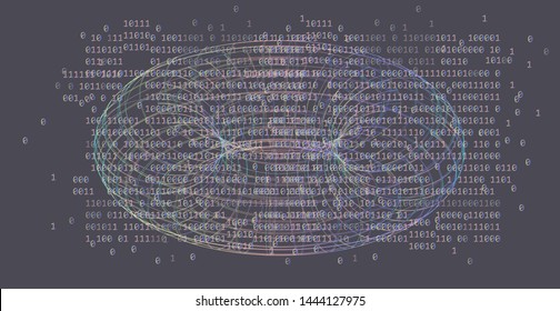 Abstract technology sci-fi vector background. Holographic wireframe of torus on grey backdrop. Cyberpunk/ vaporwave style illustration with glitch art elements.