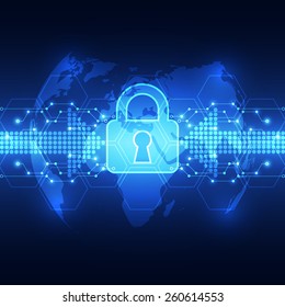 Abstract technology security on global network background, vector illustration