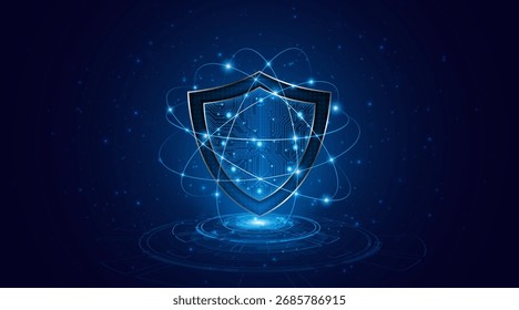 Abstraktes Technologie-Schildsymbol mit Leiterplatte. ​, ​ und Datenschutzkonzept. Innovativer Hintergrund für moderne Sicherheitstechnologie.	