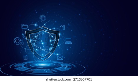 Abstraktes Technologie-Schildsymbol mit Leiterplatte. ​, ​ und Datenschutzkonzept. Innovativer Hintergrund für moderne Sicherheitstechnologie.