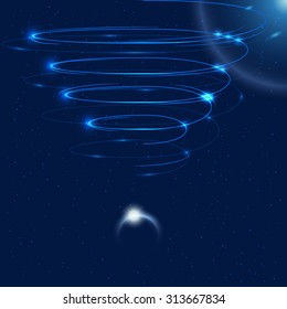 Abstract technology space background. Glowing and growing swirl, bright sparkles and lights. Vector wallpaper