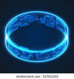 Abstract technology space background. Glowing ring with rectangles, bright sparkles and lights. Vector wallpaper