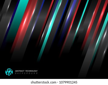 Abstract technology striped oblique blue, red color lines with lighting effect on black background. Vector illustration