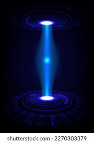 Abstract technology style background, theme of ray light power beam between two tech circles, dark blue color tone