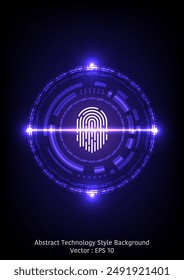 Abstract technology style background, theme of laser scanning sensor with tech circle on fingerprint, also with lights on dark blue color tone