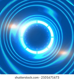Abstract technology swirl circle background, glowing spiral, neon style. Abstract blue background with scintillating circles and gloss. Blue luminous swirling backdrop. Elegant glowing circle. Vector