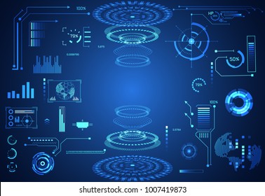 Abstract Technology Ui Futuristic Concept Hud Interface Hologram Elements Of Digital Data Chart, Communication, Computing And Circle Percent Vitality Innovation On Hi Tech Future Design Background