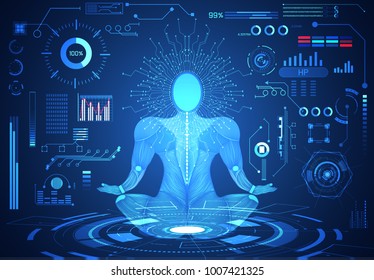 abstract technology ui futuristic concept human body hud interface hologram elements of digital data chart, communication, computing and circle percent vitality innovation on hi tech future background