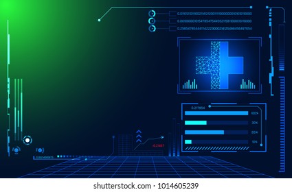 abstrakte Technologie mit futuristischem Konzept Hologramm-Elemente der digitalen Datenkarte, Kommunikation, Computing und Circle% Vitalität Innovation auf High-Tech-Design-Hintergrund