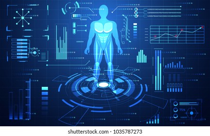 abstract technology ui futuristic concept hud interface hologram elements of digital data chart, communication, computing,human body digital health care ; health future design on hi tech background.