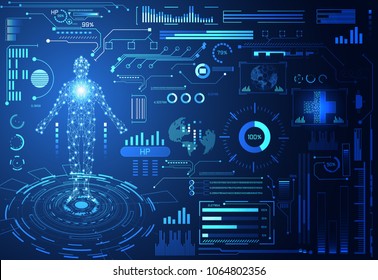 Abstract Technology Ui Futuristic Concept Hud Interface Hologram Elements Of Digital Data Chart, Communication, Computing,human Body Digital Health Care ; Health Future Design On Hi Tech Background.