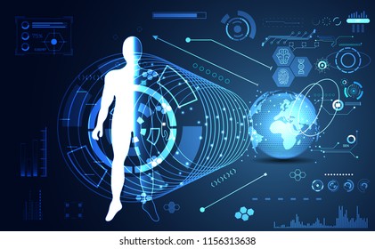 abstract technology ui futuristic concept hud interface hologram elements of digital data chart, communication, computing,human body digital health care ; world future design on hi tech background.
