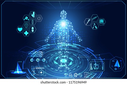 abstract technology ui futuristic concept hud interface hologram elements of digital data chart, communication, computing,human body digital health care ; health future design on hi tech background.