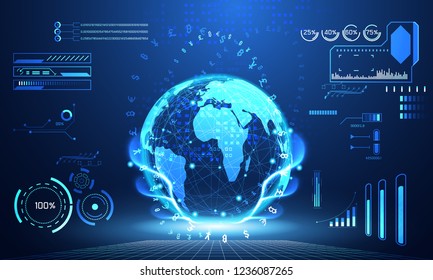 abstract technology ui futuristic concept world digital hud interface hologram elements of digital data chart, communication, circle percent vitality innovation on hi tech future design background
