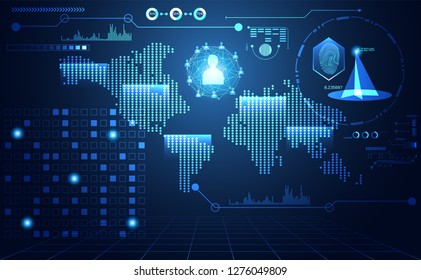 abstract technology ui futuristic concept map scan people hologram elements of digital data chart, world search, computing and network vitality innovation on hi tech future design background