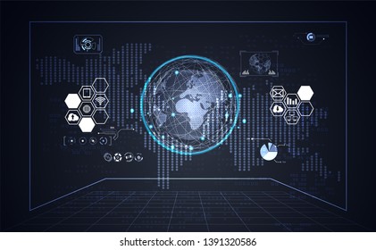 abstract technology ui futuristic concept hud interface icon business and world map dot design communication innovation on hi tech future design background