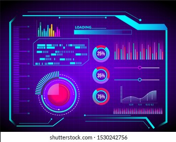Abstract technology ui futuristic concept hud interface hologram elements of digital data chart and circle percent vitality innovation on purple background.
