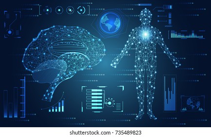 Abstract Technology Ui Futuristic Concept Brain And Human Body Hud Interface Hologram Elements Of Digital Data Chart, Communication, Computing And Health Innovation On Hi Tech Future Design Background