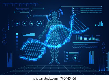 tecnología abstracta ui concepto futurista ADN humano atención de salud de la interfaz hud elementos hologramas de datos digitales, comunicación, innovación en el futuro de la tecnología de alta tecnología antecedentes