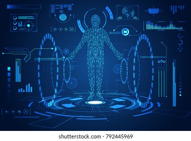 abstract technology ui futuristic concept. Human digital health care hud interface hologram elements of digital data chart, communication,vitality innovation on hi tech future design background