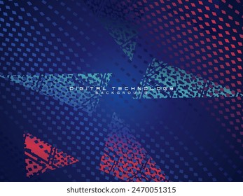 Abstract technology unique pattern futuristic digital concept with lighting square elements glowing particles on dark blue background. Digital world vector illustration.