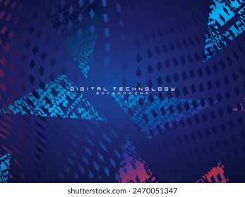 Abstract technology unique pattern futuristic digital concept with lighting square elements glowing particles on dark blue background. Digital world vector illustration.