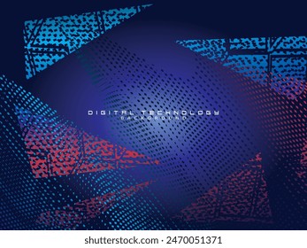 Abstract technology unique pattern futuristic digital concept with lighting square elements glowing particles on dark blue background. Digital world vector illustration.