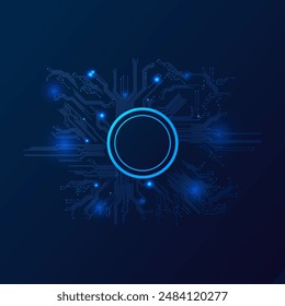 Abstract technology vector background with a central empty circle and branching neural networks, reminiscent of a processor chip or motherboard design.