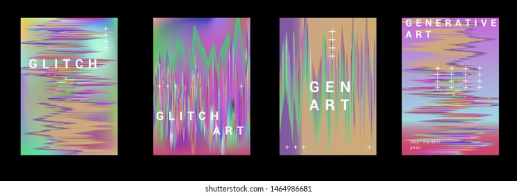 Abstract technology vector background with generative glitch art elements, distorted gradient lines. Cyberpunk/ vaporwave/ synthwave futuristic poster set for music event, club promo flyer, ect.