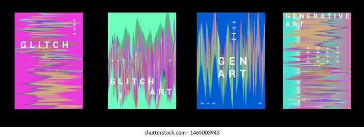 Abstract technology vector background with generative glitch art elements, distorted gradient lines. Cyberpunk/ vaporwave/ synthwave futuristic poster set for music event, club promo flyer, ect.