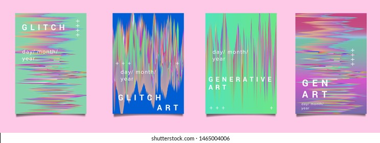 Abstract technology vector background with generative glitch art elements, distorted gradient lines. Cyberpunk/ vaporwave/ synthwave futuristic poster set for music event, club promo flyer, ect.