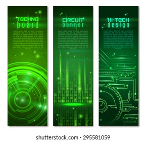 Abstract technology vertical banner set with circuit pattern on green background isolated vector illustration
