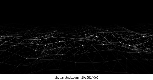 Abstract technology wave of particles. Big data visualization. Vector dark background with motion dots and lines. Artificial intelligence.