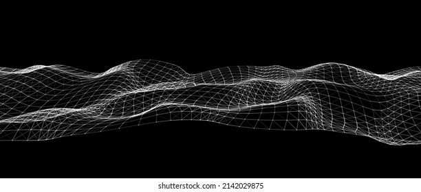 Abstract technology wave of particles. Big data visualization. Vector dark background with motion dots and lines. Artificial intelligence.