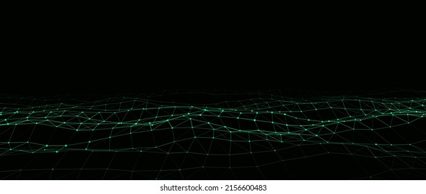 Abstract technology wave of particles. Big data visualization. Vector dark background with motion dots and lines. Artificial intelligence.