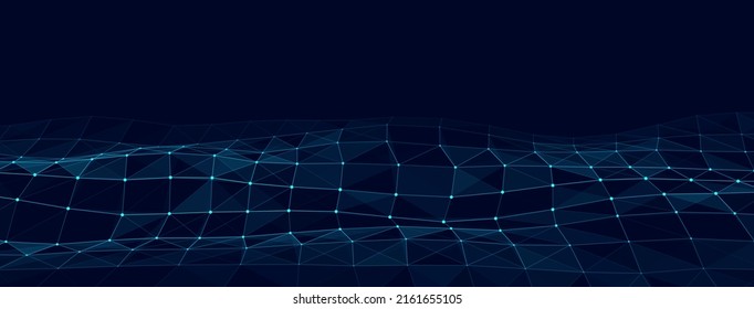 Abstract technology wave of particles. Big data visualization. Vector dark background with motion dots and lines. Artificial intelligence.