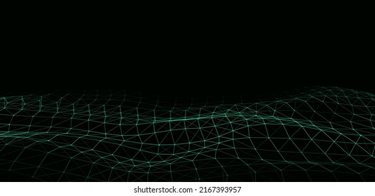 Abstract technology wave of particles. Big data visualization. Vector dark background with motion dots and lines. Artificial intelligence.