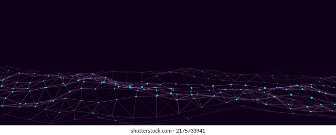 Abstract technology wave of particles. Big data visualization. Vector dark background with motion dots and lines. Artificial intelligence.